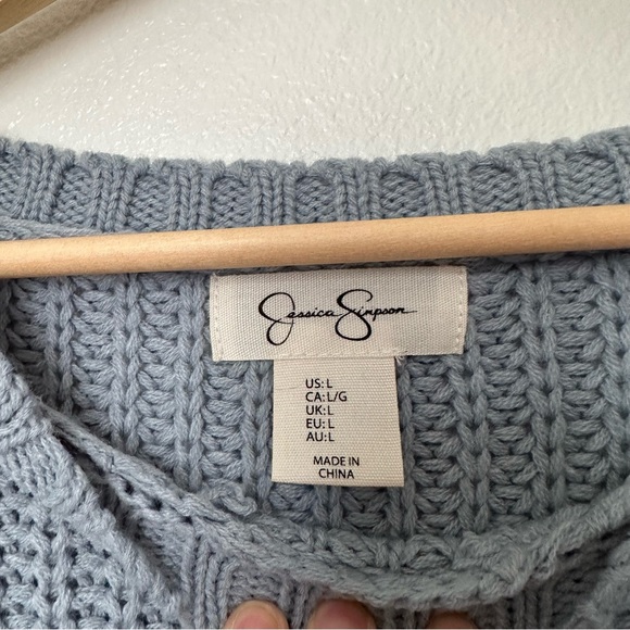 Jessica Simpson Pale Blue Pom Pom Style Bell Sleeves Sweater Crewneck — Size L - Picture 8 of 8